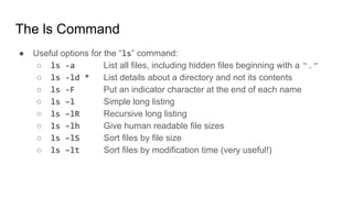 The ls Command
● Useful options for the “ls” command:
○ ls -a List all files, including hidden files beginning with a “.”
○ ls -ld * List details about a directory and not its contents
○ ls -F Put an indicator character at the end of each name
○ ls –l Simple long listing
○ ls –lR Recursive long listing
○ ls –lh Give human readable file sizes
○ ls –lS Sort files by file size
○ ls –lt Sort files by modification time (very useful!)
 