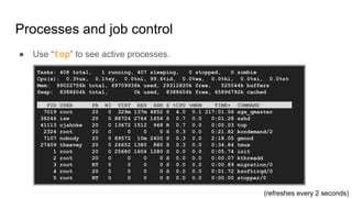 Processes and job control
● Use “top” to see active processes.
Tasks: 408 total, 1 running, 407 sleeping, 0 stopped, 0 zombie
Cpu(s): 0.3%us, 0.1%sy, 0.0%ni, 99.6%id, 0.0%wa, 0.0%hi, 0.0%si, 0.0%st
Mem: 99022756k total, 69709936k used, 29312820k free, 525544k buffers
Swap: 8388604k total, 0k used, 8388604k free, 65896792k cached
PID USER PR NI VIRT RES SHR S %CPU %MEM TIME+ COMMAND .
7019 root 20 0 329m 137m 4852 S 4.0 0.1 217:01.56 sge_qmaster
38246 isw 20 0 88724 2764 1656 S 0.7 0.0 0:01.28 sshd
41113 cjahnke 20 0 13672 1512 948 R 0.7 0.0 0:00.03 top
2324 root 20 0 0 0 0 S 0.3 0.0 0:21.82 kondemand/2
7107 nobody 20 0 89572 10m 2400 S 0.3 0.0 2:18.05 gmond
27409 theavey 20 0 26652 1380 880 S 0.3 0.0 0:34.84 tmux
1 root 20 0 25680 1604 1280 S 0.0 0.0 0:05.74 init
2 root 20 0 0 0 0 S 0.0 0.0 0:00.07 kthreadd
3 root RT 0 0 0 0 S 0.0 0.0 0:00.89 migration/0
4 root 20 0 0 0 0 S 0.0 0.0 0:01.72 ksoftirqd/0
5 root RT 0 0 0 0 S 0.0 0.0 0:00.00 stopper/0
(refreshes every 2 seconds)
 
