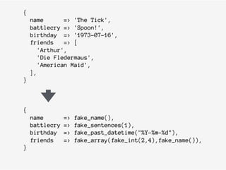 {
name => 'The Tick',
battlecry => 'Spoon!',
birthday => '1973-07-16',
friends => [
'Arthur',
'Die Fledermaus',
'American Maid',
],
}
{
name => fake_name(),
battlecry => fake_sentences(1),
birthday => fake_past_datetime("%Y-%m-%d"),
friends => fake_array(fake_int(2,4),fake_name()),
}
 