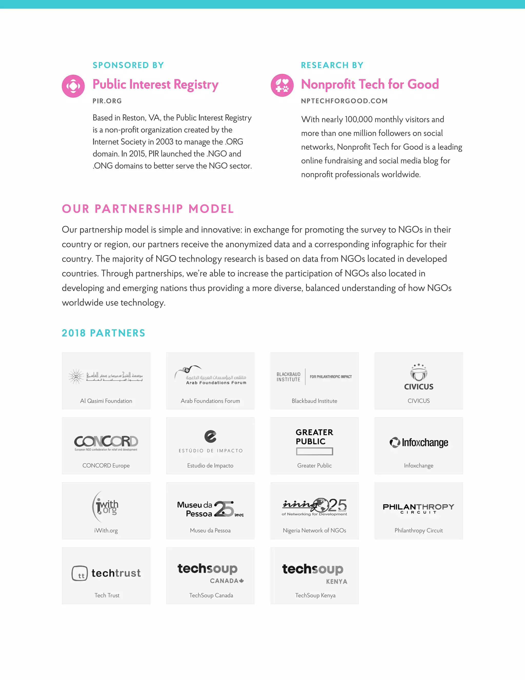 Al Qasimi Foundation
CONCORD Europe
iWith.org
Tech Trust
Arab Foundations Forum
Estudio de Impacto
Museu da Pessoa
TechSoup Canada
Blackbaud Institute
Greater Public
Nigeria Network of NGOs
TechSoup Kenya
CIVICUS
Infoxchange
Philanthropy Circuit
SPONSORED BY
Public Interest Registry
PIR.ORG
Based in Reston, VA, the Public Interest Registry
is a non-profit organization created by the
Internet Society in 2003 to manage the .ORG
domain. In 2015, PIR launched the .NGO and
.ONG domains to better serve the NGO sector.
RESEARCH BY
Nonprofit Tech for Good
NPTECHFORGOOD.COM
With nearly 100,000 monthly visitors and
more than one million followers on social
networks, Nonprofit Tech for Good is a leading
online fundraising and social media blog for
nonprofit professionals worldwide.
OUR PARTNERSHIP MODEL
Our partnership model is simple and innovative: in exchange for promoting the survey to NGOs in their
country or region, our partners receive the anonymized data and a corresponding infographic for their
country. The majority of NGO technology research is based on data from NGOs located in developed
countries. Through partnerships, we’re able to increase the participation of NGOs also located in
developing and emerging nations thus providing a more diverse, balanced understanding of how NGOs
worldwide use technology.
2018 PARTNERS
 