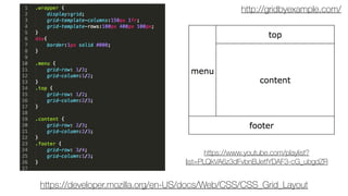 http://gridbyexample.com/
https://developer.mozilla.org/en-US/docs/Web/CSS/CSS_Grid_Layout
https://www.youtube.com/playlist?
list=PLQkVA6z3dFvbnBJetfYDAF3-cG_ubgdZR
 