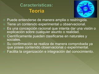  Puede entenderse de manera amplia o restringida.
 Tiene un contenido experimental u observacional.
 Es una concepción racional que intenta dar una visión o
explicación sobre cualquier asunto o realidad.
 Científicamente pueden clasificarse en naturales y
sociales.
 Su confirmación se realiza de manera comprobada ya
que posee contenido observacional o experimental.
 Facilita la organización e integración del conocimiento.
 