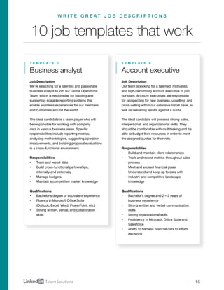 15
Business analyst
T E M P L A T E 7
Job Description
We’re searching for a talented and passionate
business analyst to join our Global Operations
Team, which is responsible for building and
supporting scalable reporting systems that
enable seamless experiences for our members
and customers around the world.
The ideal candidate is a team player who will
be responsible for working with company
data in various business areas. Specific
responsibilities include reporting metrics,
analyzing methodologies, suggesting operation
improvements, and building proposal evaluations
in a cross-functional environment.
Responsibilities
•	 Track and report data
•	 Build cross-functional partnerships,
internally and externally
•	 Manage budgets
•	 Maintain a competitive market knowledge
Qualifications
•	 Bachelor’s degree or equivalent experience
•	 Fluency in Microsoft Office Suite
(Outlook, Excel, Word, PowerPoint, etc.)
•	 Strong written, verbal, and collaboration
skills
10 job templates that work
W R I T E G R E A T J O B D E S C R I P T I O N S
Job Description
Our team is looking for a talented, motivated,
and high-performing account executive to join
our team. Account executives are responsible
for prospecting for new business, upselling, and
cross-selling within our extensive install base, as
well as delivering results against a quota.
The ideal candidate will possess strong sales,
interpersonal, and organizational skills. They
should be comfortable with multitasking and be
able to budget their resources in order to meet
the assigned quotas for their role.
Responsibilities
•	 Build and maintain client relationships
•	 Track and record metrics throughout sales
process
•	 Meet and exceed financial goals
•	 Understand and keep up to date with
industry and competitive landscape
knowledge
Qualifications
•	 Bachelor’s degree and 2 – 3 years of
business experience
•	 Strong written and verbal communication
skills
•	 Strong organizational skills
•	 Proficiency in Microsoft Office Suite and
Salesforce
•	 Ability to harness financial data to inform
decisions
Account executive
T E M P L A T E 8
 