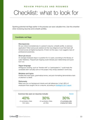 23
Common lies seen on resumes include: Source
of candidates inflate
their salary
of candidates inflate
job titles
of candidates alter
employment dates
40% 30% 30%
Checklist: what to look for
Discrepancies
Do you notice inconsistencies in a person’s resume, LinkedIn profile, or previous
application? Most serious job seekers do their due diligence to put their best self
forward across all digital touchpoints. If that’s not the case, it can suggest a lack of
professional awareness.
Short job tenure
An average employee stays in a position for 4.2 years, according to the Bureau of
Labor Statistics. Frequent job hopping could indicate poor relationships and quick
burn out.
Vague language
Ambiguous wording, such as “familiar with” or “participated in,” could imply the
candidate didn’t actually work on the project; they simply assisted in some way.
Mistakes and typos
Profiles that have typos, grammatical errors, and poor formatting demonstrate a lack
of attention to detail.
Dishonesty
Make sure you run background checks and call references. In fact, 85% of
employers have caught a lie on a resume, according to HireRight’s 2017 report.
Candidate red flags
Spotting potential red flags earlier in the process can save valuable time. Use this checklist
when reviewing resumes and LinkedIn profiles.
R E V I E W P R O F I L E S A N D R E S U M E S
 