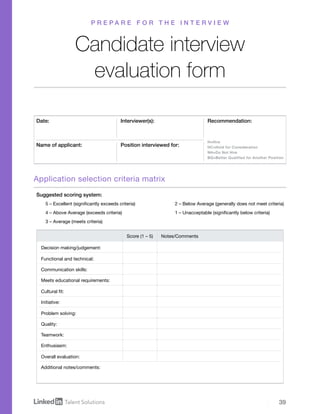 39
Candidate interview
evaluation form
Decision making/judgement:
Functional and technical:
Communication skills:
Meets educational requirements:
Cultural fit:
Initiative:
Problem solving:
Quality:
Teamwork:
Enthusiasm:
Overall evaluation:
Additional notes/comments:
Score (1 – 5) Notes/Comments
Suggested scoring system:
H=Hire
HC=Hold for Consideration
NH=Do Not Hire
BQ=Better Qualified for Another Position
5 – Excellent (significantly exceeds criteria)
4 – Above Average (exceeds criteria)
3 – Average (meets criteria)
2 – Below Average (generally does not meet criteria)
1 – Unacceptable (significantly below criteria)
Date:
Name of applicant:
Interviewer(s):
Position interviewed for:
Recommendation:
P R E P A R E F O R T H E I N T E R V I E W
Application selection criteria matrix
 