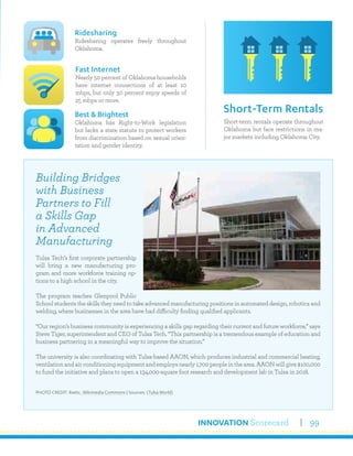 INNOVATION Scorecard 99
Short-term rentals operate throughout
Oklahoma but face restrictions in ma-
jor markets including Oklahoma City.
Short-Term Rentals
Ridesharing
Ridesharing operates freely throughout
Oklahoma.
Best & Brightest
Oklahoma has Right-to-Work legislation
but lacks a state statute to protect workers
from discrimination based on sexual orien-
tation and gender identity.
Fast Internet
Nearly 50 percent of Oklahoma households
have internet connections of at least 10
mbps, but only 30 percent enjoy speeds of
25 mbps or more.
Building Bridges
with Business
Partners to Fill
a Skills Gap
in Advanced
Manufacturing
Tulsa Tech’s first corporate partnership
will bring a new manufacturing pro-
gram and more workforce training op-
tions to a high school in the city.
The program teaches Glenpool Public
School students the skills they need to take advanced manufacturing positions in automated design, robotics and
welding, where businesses in the area have had difficulty finding qualified applicants.
“Our region’s business community is experiencing a skills gap regarding their current and future workforce,” says
Steve Tiger, superintendent and CEO of Tulsa Tech. “This partnership is a tremendous example of education and
business partnering in a meaningful way to improve the situation.”
The university is also coordinating with Tulsa-based AAON, which produces industrial and commercial heating,
ventilationandairconditioningequipmentandemploysnearly1,700peopleinthearea.AAONwillgive$100,000
to fund the initiative and plans to open a 134,000-square foot research and development lab in Tulsa in 2018.
PHOTO CREDIT: Rwttc, Wikimedia Commons | Sources: (Tulsa World)
 