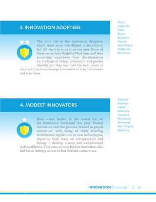 INNOVATION Scorecard 11
The third tier is the Innovation Adopters,
which show some friendliness to innovation,
but fall short in more than one area. Some of
these states have Right-to-Work laws and laws
protecting employees from discrimination
on the basis of sexual orientation and gender
identity, but they may lack the tech talent or
tax structures to encourage innovators to start businesses
and stay there.
Alaska
California
Idaho
Illinois
Montana
Nevada
New Mexico
Oklahoma
Wisconsin
Alabama
Arkansas
Hawaii
Kentucky
Louisiana
Mississippi
Tennessee
West Virginia
Wyoming
3. INNOVATION ADOPTERS
4. MODEST INNOVATORS
Nine states landed in the lowest tier on
the Innovation Scorecard this year. Modest
Innovators lack the policies needed to propel
innovation, with many of them enacting
burdensome regulations on new technologies,
imposing high taxes on entrepreneurs and
failing to develop diverse and well-educated
tech workforces. This year, all nine Modest Innovators also
had below-average access to fast internet connections.
 