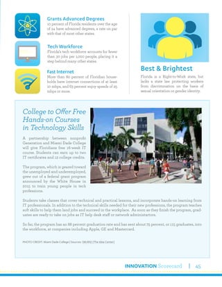 INNOVATION Scorecard 45
Florida is a Right-to-Work state, but
lacks a state law protecting workers
from discrimination on the basis of
sexual orientation or gender identity.
Best & Brightest
Grants Advanced Degrees
10 percent of Florida residents over the age
of 24 have advanced degrees, a rate on par
with that of most other states.
Fast Internet
More than 80 percent of Floridian house-
holds have internet connections of at least
10 mbps, and 63 percent enjoy speeds of 25
mbps or more.
Tech Workforce
Florida’s tech workforce accounts for fewer
than 30 jobs per 1,000 people, placing it a
step behind many other states.
College to Offer Free
Hands-on Courses
in Technology Skills
A partnership between nonprofit
Generation and Miami Dade College
will give Floridians free 16-week IT
course. Students can earn up to two
IT certificates and 12 college credits.
The program, which is geared toward
the unemployed and underemployed,
grew out of a federal grant program
announced by the White House in
2015 to train young people in tech
professions.
Students take classes that cover technical and practical lessons, and incorporate hands-on learning from
IT professionals. In addition to the technical skills needed for their new professions, the program teaches
soft skills to help them land jobs and succeed in the workplace. As soon as they finish the program, grad-
uates are ready to take on jobs as IT help desk staff or network administartors.
So far, the program has an 88 percent graduation rate and has sent about 75 percent, or 115 graduates, into
the workforce, at companies including Apple, GE and Mastercard.
PHOTO CREDIT: Miami Dade College | Sources: (WLRN) (The Idea Center)
 