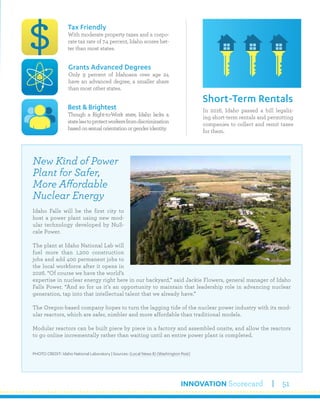 INNOVATION Scorecard 51
In 2016, Idaho passed a bill legaliz-
ing short-term rentals and permitting
companies to collect and remit taxes
for them.
Short-Term Rentals
Tax Friendly
With moderate property taxes and a corpo-
rate tax rate of 7.4 percent, Idaho scores bet-
ter than most states.
Best & Brightest
Though a Right-to-Work state, Idaho lacks a
statelawtoprotectworkersfromdiscrimination
basedonsexualorientationorgenderidentity.
Grants Advanced Degrees
Only 9 percent of Idahoans over age 24
have an advanced degree, a smaller share
than most other states.
New Kind of Power
Plant for Safer,
More Affordable
Nuclear Energy
Idaho Falls will be the first city to
host a power plant using new mod-
ular technology developed by NuS-
cale Power.
The plant at Idaho National Lab will
fuel more than 1,200 construction
jobs and add 400 permanent jobs to
the local workforce after it opens in
2026. “Of course we have the world’s
expertise in nuclear energy right here in our backyard,” said Jackie Flowers, general manager of Idaho
Falls Power. “And so for us it’s an opportunity to maintain that leadership role in advancing nuclear
generation, tap into that intellectual talent that we already have.”
The Oregon-based company hopes to turn the lagging tide of the nuclear power industry with its mod-
ular reactors, which are safer, nimbler and more affordable than traditional models.
Modular reactors can be built piece by piece in a factory and assembled onsite, and allow the reactors
to go online incrementally rather than waiting until an entire power plant is completed.
PHOTO CREDIT: Idaho National Laboratory | Sources: (Local News 8) (Washington Post)
 