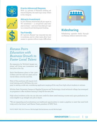 INNOVATION Scorecard 59
Ridesharing operates freely through-
out Kansas without restrictive rules.
Ridesharing
Grants Advanced Degrees
With 11.4 percent of Kansans holding ad-
vanced degrees, the state tops many others
in the category.
Tax Friendly
At 7 percent, Kansas’ top corporate tax rate
is moderate, and its other taxes allow busi-
nesses to operate without major difficulties.
Attracts Investment
In 2017, Kansas attracted $13.58 per capita in
VC investment — a 210-percent year-over-
year increase — and more than $730 per capi-
ta in research and development funding.
Kansas Pairs
Education with
Business Growth to
Foster Local Talent
An expansion by Wichita’s largest em-
ployer will bring new investment and
new jobs to the city.
Spirit AeroSystems plans to hire 1,000
workers over the next two years and in-
vest $1 billion over the next five.
Most of the positions will require tech-
nical training, and to fill them, the com-
pany is casting a wide net, considering applicants ranging all the way from high school students to retirees.
Wichita State University Campus of Applied Sciences and Technology, a local technical college, has revamped
its programs to offer students training to help fill the new jobs.
High school students in the city can also earn credit for sheet metal training courses and, upon graduation, be-
come eligible to go straight into jobs at Spirit.
“We are expanding and accelerating non-traditional opportunities to create a pipeline to meet that need both
today and in the future,” said Sheree Utash, president of WSU Tech.
PHOTO CREDIT: WSU Tech | Sources: (Wichita Eagle) (Wichita Business Journal) (Wichita Eagle)
 