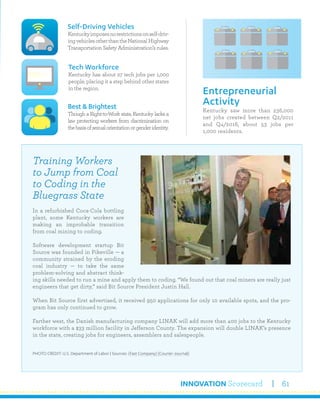 INNOVATION Scorecard 61
Kentucky saw more than 236,000
net jobs created between Q2/2011
and Q4/2016, about 53 jobs per
1,000 residents.
Entrepreneurial
Activity
Self-Driving Vehicles
Kentuckyimposesnorestrictionsonself-driv-
ingvehiclesotherthantheNationalHighway
Transportation Safety Administration’s rules.
Best & Brightest
Though a Right-to-Work state, Kentucky lacks a
law protecting workers from discrimination on
thebasisofsexualorientationorgenderidentity.
Tech Workforce
Kentucky has about 27 tech jobs per 1,000
people, placing it a step behind other states
in the region.
Training Workers
to Jump from Coal
to Coding in the
Bluegrass State
In a refurbished Coca-Cola bottling
plant, some Kentucky workers are
making an improbable transition
from coal mining to coding.
Software development startup Bit
Source was founded in Pikeville — a
community strained by the eroding
coal industry — to take the same
problem-solving and abstract think-
ing skills needed to run a mine and apply them to coding. “We found out that coal miners are really just
engineers that get dirty,” said Bit Source President Justin Hall.
When Bit Source first advertised, it received 950 applications for only 10 available spots, and the pro-
gram has only continued to grow.
Farther west, the Danish manufacturing company LINAK will add more than 400 jobs to the Kentucky
workforce with a $33 million facility in Jefferson County. The expansion will double LINAK’s presence
in the state, creating jobs for engineers, assemblers and salespeople.
PHOTO CREDIT: U.S. Department of Labor | Sources: (Fast Company) (Courier-Journal)
 