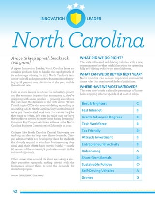92
A race to keep up with breakneck
tech growth
A repeat Innovation Leader, North Carolina faces an
enviable problem: how to handle the rapid growth of
its technology industry. In 2017, North Carolina’s tech
sector took off, adding 2,500 new businesses and grow-
ing by 28 percent over the course of the year, double
the national rate.
Even as state leaders celebrate the industry’s growth
and the economic impacts that accompany it, they’re
grappling with a new problem — growing a workforce
that can meet the demands of the tech sector. “When
I’m talking to CEOs who are considering expanding or
relocating jobs to North Carolina, they want to know if
we’ve got the educated workforce that can do the jobs
they want to create. We want to make sure we have
the workforce needed to meet those hiring demands,”
Governor Roy Cooper said in an address to the North
Carolina Business Committee for Education in 2017.
Colleges like North Carolina Central University are
working on ideas to help meet those demands. Cam-
pus administrators are developing plans for students
that directly respond to what local businesses say they
need. And their efforts have proven fruitful — nearly
80 percent of the university’s graduates remain in the
surrounding county.
Other universities around the state are taking a sim-
ilarly proactive approach, making inroads with the
businesses around them to feed the demands for
skilled employees.
Sources: (WRAL) (WRAL) (Star News)
WHAT DID WE DO RIGHT?
The state addressed self-driving vehicles with a new,
commonsense law that establishes rules for operating
fully self-driving vehicles on state highways.
WHATCAN WE DO BETTER NEXT YEAR?
North Carolina can remove duplicative commercial
drone rules that overlap with federal guidelines.
WHERE HAVE WE MOSTIMPROVED?
The state now boasts a sizeable percentage of house-
holds enjoying internet speeds of at least 10 mbps.
NorthCarolina
Best & Brightest
Fast Internet
Grants Advanced Degrees
Tech Workforce
Tax Friendly
Attracts Investment
Entrepreneurial Activity
Ridesharing
Short-Term Rentals
Sustainable Policies
C
B
B-
B-
B+
B
B
A
B+
C+
Self-Driving Vehicles
Drones
A
D
INNOVATION LEADER
 