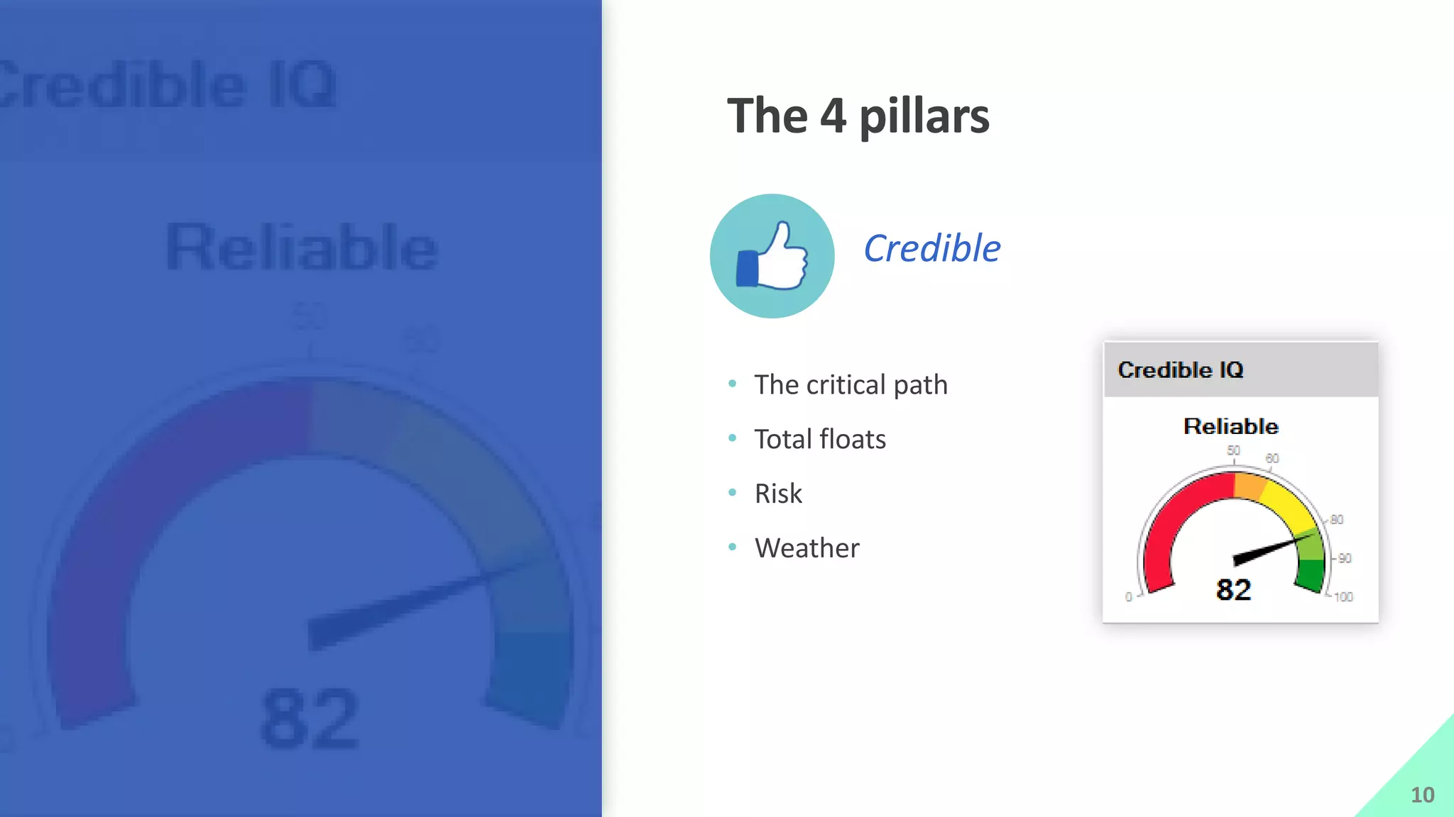 The 4 pillars
• The critical path
• Total floats
• Risk
• Weather
Credible
10
 