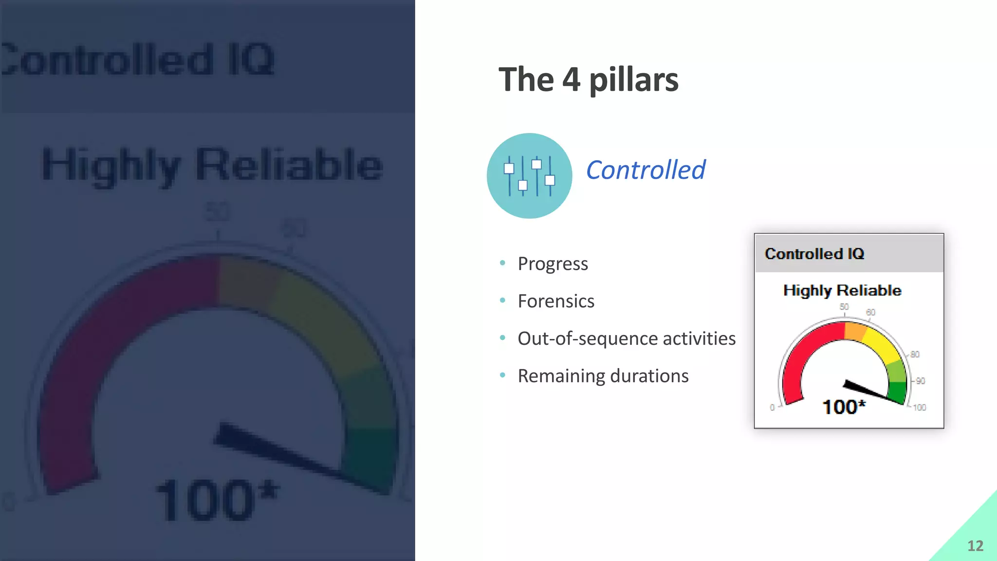 The 4 pillars
• Progress
• Forensics
• Out-of-sequence activities
• Remaining durations
Controlled
12
 