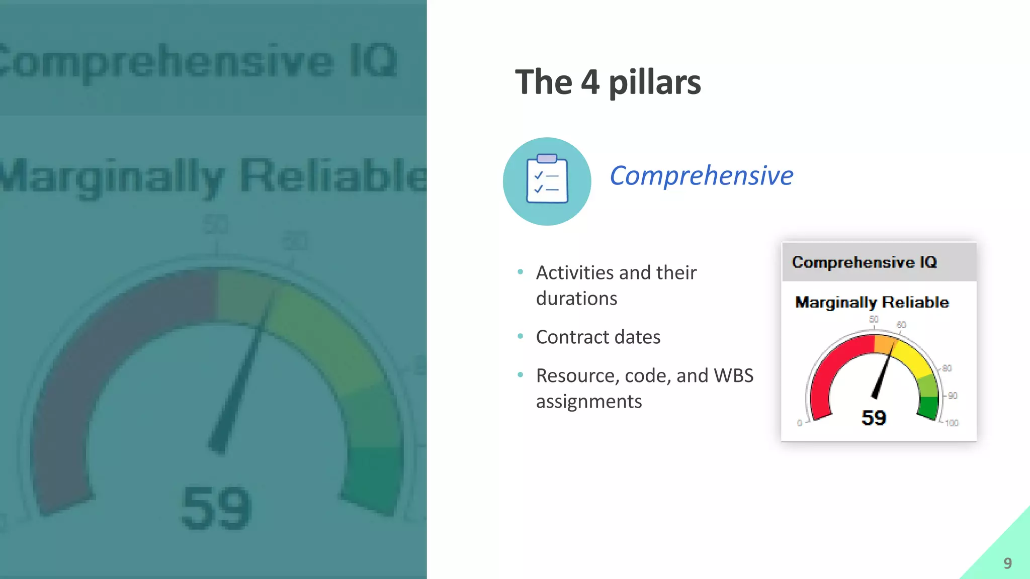 The 4 pillars
• Activities and their
durations
• Contract dates
• Resource, code, and WBS
assignments
Comprehensive
9
 