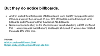 But they do notice billboards.
● Arbitron studied the effectiveness of billboards and found that (1) young people spend
20 hours a week in their cars and (2) over 70% of travelers reported looking at some
billboards, and 37% reported that they look at ALL billboards.
● Nielsen conducted a study on the effectiveness of transit advertising in 2017 and found
that (1) viewership was highest among adults aged 25-34 and (2) viewers later recalled
these ads 47% of the time.
Sources:
Arbitron study on billboards (link).
Nielsen study on billboards and transit ads (link)
 