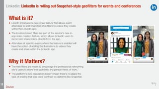 13
LinkedIn: LinkedIn is rolling out Snapchat-style geoﬁlters for events and conferences
✦ LinedIn introduced a new video ...