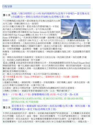 行程安排
第 1 天
桃園／(飛行時間約 12 小時 50)阿姆斯特丹(直飛不中停喔!)～雷克雅未克
(市區觀光)～乘船出海尋訪幸福極光(追尋極光第 1 夜)
今日班機飛抵冰島首都～雷克雅維克(浮在極北地區的火山與
冰河之國)。持續活動的火山、崩落的
冰河以及魔幻的極光等，都是冰島自然環境的魅力。9 世紀
後半維京人所發現的神秘大自然，至今仍無法改變。
前往市區遊覽由著名藝術家 Jon Gunnar Arnason 在海濱打造狀
似維京船的 Sun Voyager 鋼雕以及 2011 年 5 月 4 日開幕的
Harpa 音樂會議中心、托寧湖及周圍的市政廳、國會樓以及霍
爾格林大教堂。大教堂於 1986 年完工，高 74.5 公尺佇立於山丘上，其獨特的建築曲線，為
該市著名地標建築；之後前往狀似水晶球的珍珠樓，其實是自來水公司的展示中心，空中腑
瞰就如一顆玻璃珍珠鑲在六個圓形花瓣中－就是巨大的儲水筒，儲放從地面下擷取的滾燙熱
泉，中間有展覽廳、溫泉模型、餐廳，並可從眺望台觀看市區。
晚餐後，安排乘船出海，再次搜尋幸福極光，神秘綠光跳耀於海陸之間，見證最驚奇的霎那
奇景。
註：乘船出海須視當日海象情況，如風浪太大如法出海，則改隔日搭乘；每位退費 25 歐
元；如因個人因素放棄搭乘，恕不退費。
【溫心提醒】冰島當地除首都雷克雅維克以外，其他城鎮最優質住宿皆為 Small Elegant Hotel
精緻旅館等級，雖不比連鎖大飯店規模，但小巧典雅的居住環境、親切的接待服務，結合溫
馨舒適的氛圍，深獲旅人青睞。在此觀賞極光之季節特地安排較無光害的冰島西南區域住宿
讓您能更有機會見到極光。
註：極光之出現為自然界現象，本公司不保證可以看到極光。
【下車參觀】維京船、Harpa 音樂會議中心、霍爾格林大教堂、市政廳、國會樓。
貼心的建議：
1.建議您在飛機上，睡個好眠，培養體力。於航程關係，須於飛機上過夜，請各位旅客，務
必自行準備可以保暖的外套，以備不時之須。
2.出發前，請來公司開說明會，我們的領隊將為您講解說明行前的注意事項。
3.飛機上空間較小，建議您穿著舒適寬鬆的衣物，以及一雙舒適的鞋子。
餐食： (早餐) 機上 (午餐) 發餐費機場自理 (晚餐) 中式六菜一湯+水果
住宿：
REYKJAVIK LIGHTS HOTEL 或 SKUGGI HOTEL 或 GRAND HOTEL
REYKJAVIK 或 同級旅館
第 2 天
雷克雅未克～塞爾福斯 SELFOSS～南部海岸觀光(黑沙灘、斯科加爾、塞
里雅蘭瀑布)～維克 VIK(追尋極光第 2 夜)
冬季的冰島就跟他的名字一樣寒冷，卻是歐洲越來越熱門的旅遊地區。大多數觀光客喜愛他
的自然景觀，包括冰河、溫泉、噴泉、熔岩奇特景觀等。今日我們就要搭乘巴士，把握珍貴
的日晝時間，前往冰島南岸，駐足參觀塞里雅蘭瀑布和斯科加瀑布，此外還有黑沙灘。
塞里雅蘭瀑布：位於冰島西南部，斯科加爾以西約 30 公里處的塞里雅蘭河上，南臨冰島一
 