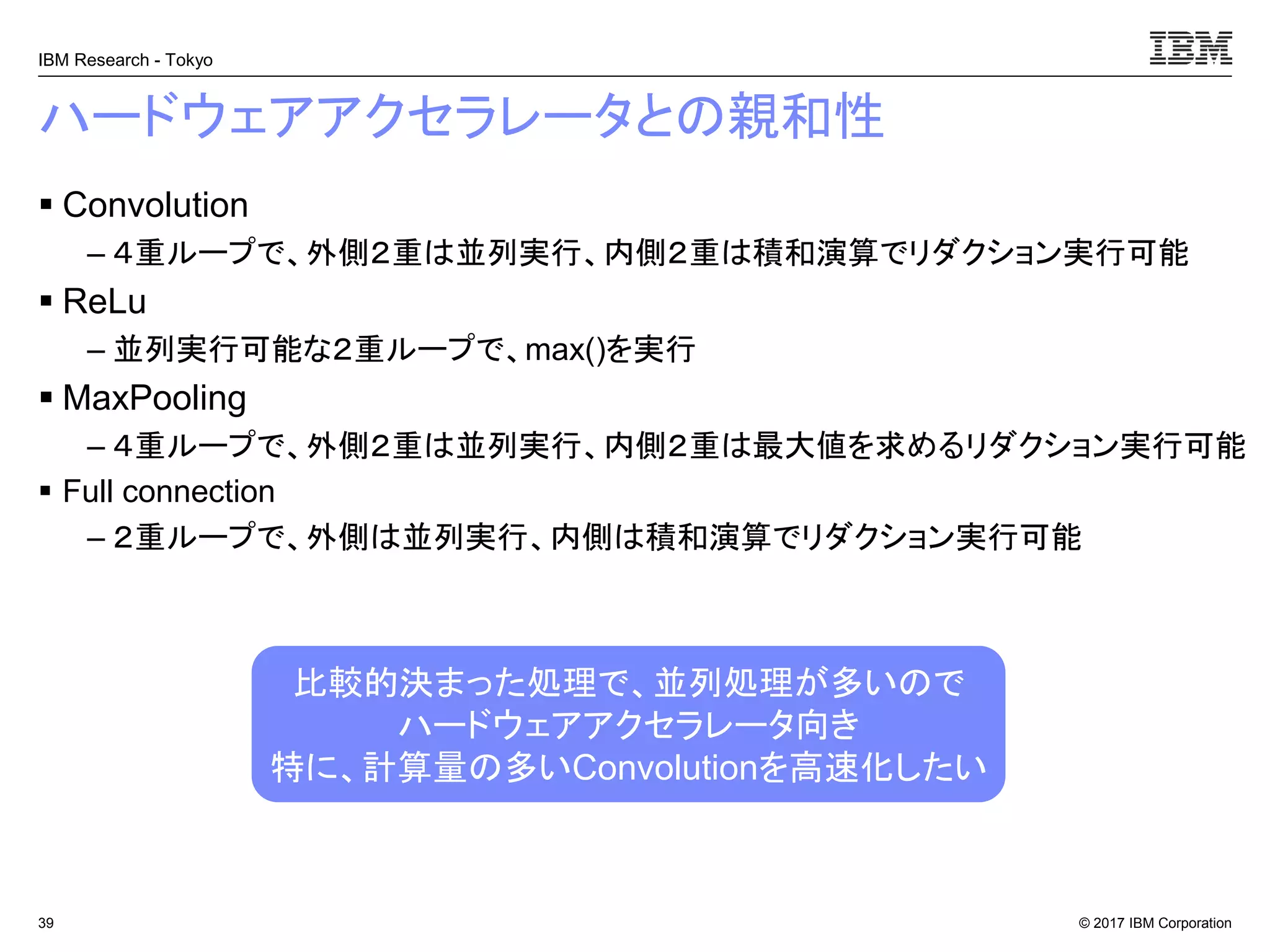 © 2017 IBM Corporation
IBM Research - Tokyo
ハードウェアアクセラレータとの親和性
▪ Convolution
– ４重ループで、外側２重は並列実行、内側２重は積和演算でリダクション実行可能
▪ ReLu
– 並列実行可能な２重ループで、max()を実行
▪ MaxPooling
– ４重ループで、外側２重は並列実行、内側２重は最大値を求めるリダクション実行可能
▪ Full connection
– ２重ループで、外側は並列実行、内側は積和演算でリダクション実行可能
39
比較的決まった処理で、並列処理が多いので
ハードウェアアクセラレータ向き
特に、計算量の多いConvolutionを高速化したい
 