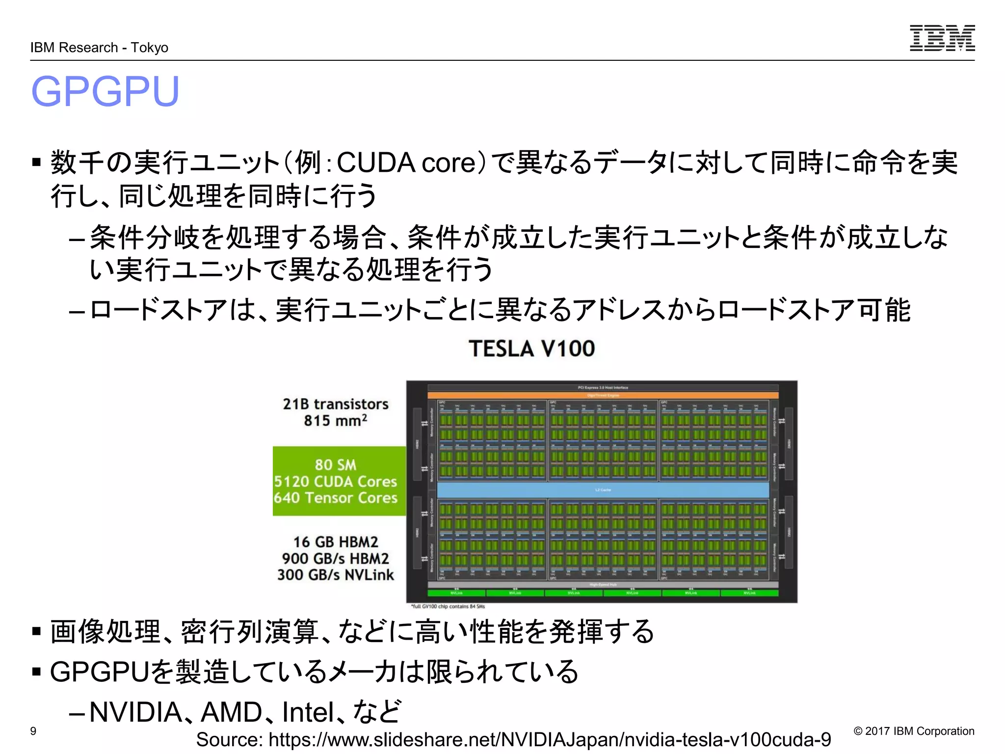 © 2017 IBM Corporation
IBM Research - Tokyo
GPGPU
▪ 数千の実行ユニット（例：CUDA core）で異なるデータに対して同時に命令を実
行し、同じ処理を同時に行う
– 条件分岐を処理する場合、条件が成立した実行ユニットと条件が成立しな
い実行ユニットで異なる処理を行う
–ロードストアは、実行ユニットごとに異なるアドレスからロードストア可能
▪ 画像処理、密行列演算、などに高い性能を発揮する
▪ GPGPUを製造しているメーカは限られている
– NVIDIA、AMD、Intel、など9
Source: https://www.slideshare.net/NVIDIAJapan/nvidia-tesla-v100cuda-9
 