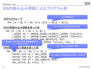 © 2017 IBM Corporation
IBM Research - Tokyo
SIMD組み込み関数によるプログラム例
16
for (i = 0; i < N; i += 8) {
__m256i v1 = _mm256_loadu_si256((__m256i *)(a+i));
__m256i v2 = _mm256_loadu_si256((__m256i *)(b+i));
__m256i v3 = _mm256_add_epi32(v1, v2);
_mm256_storeu_si256((__m256i *)(c+i), v3); }
for (i = 0; i < N; i++) c[i] = a[i] + b[i];
for (i = 0; i < N; i += 4) {
vector int v1 = vec_ld(0, a+i);
vector int v2 = vec_ld(0, b+i);
vector int v3 = vec_add(v1, v2);
vec_st(v3, 0, c+i); }
元のスカラループ
AVX2用組み込み関数を使った例
VMX用組み込み関数を使った例
8 (= 256 / 32)要素を同時に処理
32-bit整数配列
4 (= 128 / 32)を同時に処理
vec_add() isはSIMDのadd命令に対応する
vector int は４つの32-bit整数値を持つ
ベクタレジスタ
 