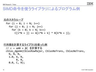 © 2017 IBM Corporation
IBM Research - Tokyo
SIMD命令を使うライブラリによるプログラム例
18
// c = αAB + βC を計算する
cblas_dgemm(CblasRowMajor, CblasNoTrans, CblasNoTrans,
N, N, N,
1.0, A, N,
B, N,
0.0, C, N);
for (i = 0; i < N; i++)
for (j = 0; j < N; j++)
for (k = 0; k < N; k++)
C[i*N + j] += A[i*N + k] * B[k*N + j];
元のスカラループ
行列積を計算するライブラリを使った例
 