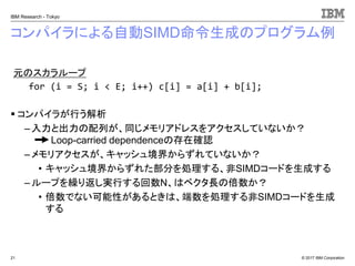 © 2017 IBM Corporation
IBM Research - Tokyo
コンパイラによる自動SIMD命令生成のプログラム例
▪ コンパイラが行う解析
– 入力と出力の配列が、同じメモリアドレスをアクセスしていないか？
Loop-carried dependenceの存在確認
– メモリアクセスが、キャッシュ境界からずれていないか？
• キャッシュ境界からずれた部分を処理する、非SIMDコードを生成する
– ループを繰り返し実行する回数N、はベクタ長の倍数か？
• 倍数でない可能性があるときは、端数を処理する非SIMDコードを生成
する
21
元のスカラループ
for (i = S; i < E; i++) c[i] = a[i] + b[i];
 