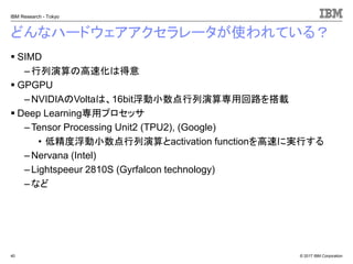 © 2017 IBM Corporation
IBM Research - Tokyo
どんなハードウェアアクセラレータが使われている？
▪ SIMD
– 行列演算の高速化は得意
▪ GPGPU
– NVIDIAのVoltaは、16bit浮動小数点行列演算専用回路を搭載
▪ Deep Learning専用プロセッサ
– Tensor Processing Unit2 (TPU2), (Google)
• 低精度浮動小数点行列演算とactivation functionを高速に実行する
– Nervana (Intel)
–Lightspeeur 2810S (Gyrfalcon technology)
– など
40
 