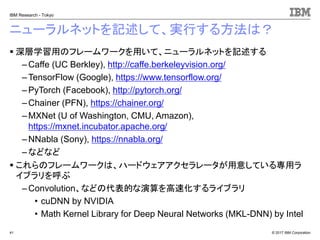© 2017 IBM Corporation
IBM Research - Tokyo
ニューラルネットを記述して、実行する方法は？
▪ 深層学習用のフレームワークを用いて、ニューラルネットを記述する
– Caffe (UC Berkley), http://caffe.berkeleyvision.org/
– TensorFlow (Google), https://www.tensorflow.org/
– PyTorch (Facebook), http://pytorch.org/
–Chainer (PFN), https://chainer.org/
– MXNet (U of Washington, CMU, Amazon),
https://mxnet.incubator.apache.org/
– NNabla (Sony), https://nnabla.org/
–などなど
▪ これらのフレームワークは、ハードウェアアクセラレータが用意している専用ラ
イブラリを呼ぶ
– Convolution、などの代表的な演算を高速化するライブラリ
• cuDNN by NVIDIA
• Math Kernel Library for Deep Neural Networks (MKL-DNN) by Intel
41
 