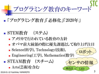 プログラミング教育のキーワード
 「プログラミング教育」「必修化」「2020年」
 STEM教育 (ステム)
 アメリカで行われている教育の方針
 オバマ前大統領の際に優先課題として取り上げ注目
 Science(科学), Technology(技術),
 Engineering(工学), Mathematics(数学)
 STEAM教育 (スチーム)
 Arts(芸術)を含む
ロボット
センサの情報
明るさ LED
32018-01-10 Yoshihiko YAMAMOTO
 