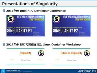 COPYRIGHT ARGO GRAPHICS INC. ALL RIGHTS RESERVED.
ARGO GRAPHICS Inc.
Presentations of Singularity
▍2016年の Intel HPC Developer Conference
▍2017年の ISC で開催された Linux Container Workshop
5
 