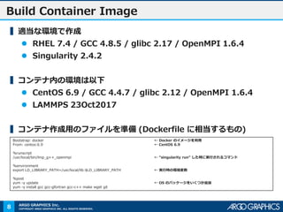 COPYRIGHT ARGO GRAPHICS INC. ALL RIGHTS RESERVED.
ARGO GRAPHICS Inc.
Build Container Image
▍適当な環境で作成
 RHEL 7.4 / GCC 4.8.5 / glibc 2.17 / OpenMPI 1.6.4
 Singularity 2.4.2
▍コンテナ内の環境は以下
 CentOS 6.9 / GCC 4.4.7 / glibc 2.12 / OpenMPI 1.6.4
 LAMMPS 23Oct2017
▍コンテナ作成用のファイルを準備 (Dockerfile に相当するもの)
8
Bootstrap: docker ← Docker のイメージを利用
From: centos:6.9 ← CentOS 6.9
%runscript
/usr/local/bin/lmp_g++_openmpi ← “singularity run” した時に実行されるコマンド
%environment
export LD_LIBRARY_PATH=/usr/local/lib:$LD_LIBRARY_PATH ← 実行時の環境変数
%post
yum -y update ← OS のパッケージをいくつか追加
yum -y install gcc gcc-gfortran gcc-c++ make wget git
 