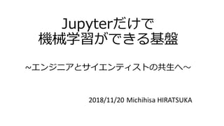 Jupyterだけで
機械学習ができる基盤
~エンジニアとサイエンティストの共⽣へ〜
2018/11/20	Michihisa HIRATSUKA
 