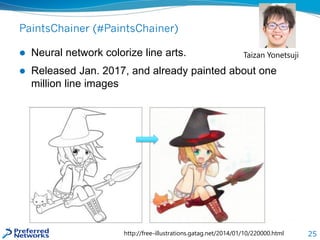 25
PaintsChainer (#PaintsChainer)
 Neural network colorize line arts.
 Released Jan. 2017, and already painted about one
million line images
http://free-illustrations.gatag.net/2014/01/10/220000.html
Taizan Yonetsuji
 