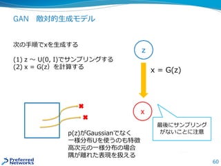 60
GAN 敵対的生成モデル
z
x = G(z)
x
次の手順でxを生成する
(1) z 〜 U(0, I)でサンプリングする
(2) x = G(z）を計算する
最後にサンプリング
がないことに注意p(z)がGaussianでなく
一様分布Uを使うのも特徴
高次元の一様分布の場合
隅が離れた表現を扱える
 