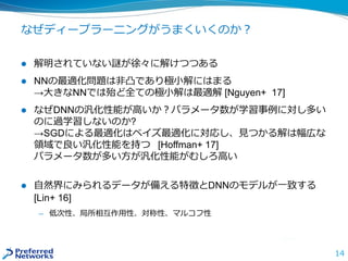 なぜディープラーニングがうまくいくのか？
 解明されていない謎が徐々に解けつつある
 NNの最適化問題は非凸であり極小解にはまる
→大きなNNでは殆ど全ての極小解は最適解 [Nguyen+ 17]
 なぜDNNの汎化性能が高いか？パラメータ数が学習事例に対し多い
のに過学習しないのか?
→SGDによる最適化はベイズ最適化に対応し、見つかる解は幅広な
領域で良い汎化性能を持つ [Hoffman+ 17]
パラメータ数が多い方が汎化性能がむしろ高い
 自然界にみられるデータが備える特徴とDNNのモデルが一致する
[Lin+ 16]
— 低次性、局所相互作用性、対称性、マルコフ性
14
 