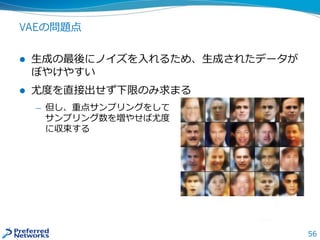 56
VAEの問題点
 生成の最後にノイズを入れるため、生成されたデータが
ぼやけやすい
 尤度を直接出せず下限のみ求まる
— 但し、重点サンプリングをして
サンプリング数を増やせば尤度
に収束する
 