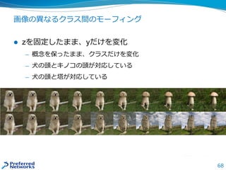 68
画像の異なるクラス間のモーフィング
 zを固定したまま、yだけを変化
— 概念を保ったまま、クラスだけを変化
— 犬の頭とキノコの頭が対応している
— 犬の頭と塔が対応している
 