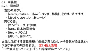 6.2 同義性
6.2.1 同義語
表記の異なり：
・｛center, centre｝、｛りんご、リンゴ、林檎｝、｛受付、受け付け｝
・｛あつい、あっつい、あつーい｝
異なる語：
・｛コンピュータ、計算機｝
・｛NHK、日本放送協会｝
・｛He、ヘリウム｝
・｛美しい、きれいだ｝
文脈に依存する類義表現：「景気が落ち込む」～「景気が冷え込む」
大きな単位での類義表現：
「～が大流行している」～「～の感染が広がっている」
言い換え表現
 