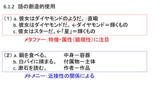 6.1.2 語の創造的使用
（１） a. 彼女はダイヤモンドのようだ。：直喩
b. 彼女はダイヤモンドだ。 ←ダイヤモンド＝輝くもの
c. 彼女はスターだ。←「星」＝輝くもの
（２） a. 鍋を食べる。 中身－容器
b. 白バイに捕まる。 付属物－主体
c. 漱石を読む。 作者－作品
メタファー：特徴・属性（顕現性）に注目
メトメニー：近接性の関係による
 