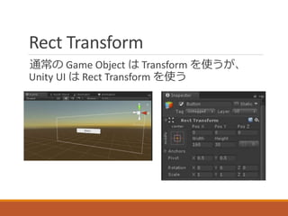 Rect Transform
通常の Game Object は Transform を使うが、
Unity UI は Rect Transform を使う
 