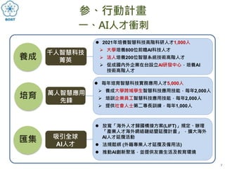 7
参、行動計畫
一、AI人才衝刺
千人智慧科技
菁英
 2021年培養智慧科技高階科研人才1,000人
 大學培養800位前瞻AI科技人才
 法人培養200位智慧系統技術高階人才
 促成國內外企業在台設立AI研發中心，培養AI
技術高階人才
養成
萬人智慧應用
先鋒
 每年培育智慧科技實務應用人才5,000人
 養成大學跨域學生智慧科技應用技能，每年2,000人
 培訓企業員工智慧科技應用技能，每年2,000人
 提供社會人士第二專長訓練，每年1,000人
培育
吸引全球
AI人才
 放寬「海外人才歸國橋接方案(LIFT)」規定、辦理
「產業人才海外網絡鏈結暨延攬計畫」 ，擴大海外
AI人才延攬活動
 法規鬆綁 (外籍專業人才延攬及僱用法)
 推動AI創新聚落，並提供友善生活及教育環境
匯集
 