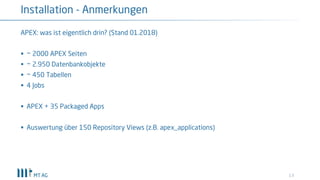 13
Installation - Anmerkungen
APEX: was ist eigentlich drin? (Stand 01.2018)
§ ~ 2000 APEX Seiten
§ ~ 2.950 Datenbankobjekte
§ ~ 450 Tabellen
§ 4 Jobs
§ APEX + 35 Packaged Apps
§ Auswertung über 150 Repository Views (z.B. apex_applications)
 
