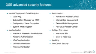 DSE advanced security features
© DataStax, All Rights Reserved.
● At-rest Transparent Data Encryption
○ Local Key
○ External Key Manager via KMIP
○ Configuration Value Encryption
○ System Info Encryption
● Authentication
○ Internal or Password Authentication
○ Kerberos Authentication
○ LDAP Authentication
○ Unified Authenticator
○ Proxy Authentication
● Authorization
○ Role Based Access Control
○ Internal Role Management
○ External Role Management
○ Row Level Access Control
● In-flight Encryption
○ Inter-node SSL
○ client-to-node SSL
● Auditing
● OpsCenter Security
 