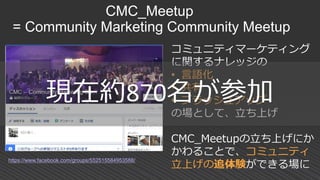 CMC_Meetup
= Community Marketing Community Meetup
コミュニティマーケティング
に関するナレッジの
• 言語化
• 共有
• ブラッシュアップ
の場として、立ち上げ
CMC_Meetupの立ち上げにか
かわることで、コミュニティ
立上げの追体験ができる場に
https://www.facebook.com/groups/552515584953588/
現在約870名が参加
 