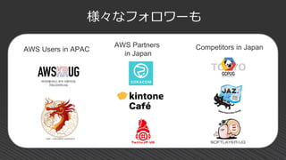 様々なフォロワーも
AWS Users in APAC
AWS Partners
in Japan
Competitors in Japan
 