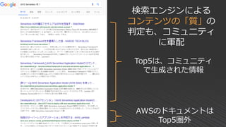 Top5は、コミュニティ
で生成された情報
AWSのドキュメントは
Top5圏外
検索エンジンによる
コンテンツの「質」の
判定も、コミュニティ
に軍配
 