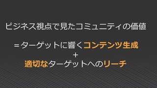 ビジネス視点で見たコミュニティの価値
＝ターゲットに響くコンテンツ生成
＋
適切なターゲットへのリーチ
 