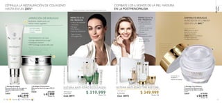 96 97
  NovAge Ecollagen
Desvanecedora de Arrugas en
Textura Ligera para el Día
50 ml
32655 $ 90.000
 $ 62.999
Puntos: 23
  NovAge Time Restore
Tratamiento Restaurador
Contorno de Ojos y Labios
15 ml
32629 $ 79.000
 $ 54.999
Puntos: 20
Redúcelas visiblemente con
células madre vegetales
¿APARICIÓN DE ARRUGAS?
BELLEZA
TOTAL
PERFECTO SITU
PIEL PRESENTA:
•	Líneas de expresión
marcadas
•	Arrugas
•	Piel Opaca
•	Falta de hidratación
  Ecollagen Tratamiento
Hidratante Anti-Arrugas FPS 15
50 ml
31544 $ 90.000
 $ 62.999
Puntos: 23
SISTEMA ANTI-EDAD ECOLLAGEN
$ 463.000
Puntos: 116
$ 319.999Valorizado en:
Cód.28971
Sigue los pasos
de la página 100.
Sigue los pasos
de la página 100.
INCLUYECAJADEREGALO
INCLUYECAJADEREGALO
TRATAMIENTO DE DÍA
•	Corrige visiblemente las arrugas**
•	Hidratación intensiva**
•	FPS 15 protege la piel del daño solar
TEXTURA LIGERA
PARA PIEL NORMAL
A GRASA.
**Prueba de consumidor. Evaluado por 56
mujeres durante 6 semanas usando las
cremas de día y de noche.
*Extracto producido por Células MadreVegetales probado in vitro.
PERFECTO SI TU
PIEL PRESENTA
•	Arrugas profundas
•	Falta de densidad y
volumen
•	Pérdida de definición
del óvalo facial
•	Flacidez
•	Resequedad
•	Manchas de la edad
SISTEMA ANTI-EDAD TIME RESTORE
Valorizado en:
Cód. 28972
$ 496.000 $ 349.999Puntos: 126
***Prueba de consumidor.
Evaluado por 77 mujeres
de 55 a 65 años, tras 6
semanas de uso del
Sistema de Belleza
NovAgeTime
Restore.
DISMINUYE ARRUGAS
ALREDEDOR DE LABIOS Y
OJOS EN UN 80%***
Enriquecido con
GenisteinSOY
y
extracto de Eufrasia.
MODO DE USO
OJOS: Aplica con ligeros
golpecitos del interior
del ojo hacia afuera.
LABIOS: Aplica en el contorno
con ligeros golpecitos
y masajea hacia los lados.



ESTIMULA LA RESTAURACIÓN DE COLÁGENO
HASTA EN UN 200%*
COMBATE LOS 6 SIGNOS DE LA PIEL MADURA
EN LA POSTMENOPAUSIA
Día Noche Día y Noche
 