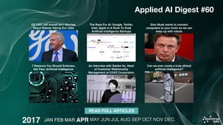 2017
Applied AI Digest #60
READ FULL ARTICLES
The Race For AI: Google, Twitter,
Intel, Apple In A Rush To Grab
Artiﬁcial I...